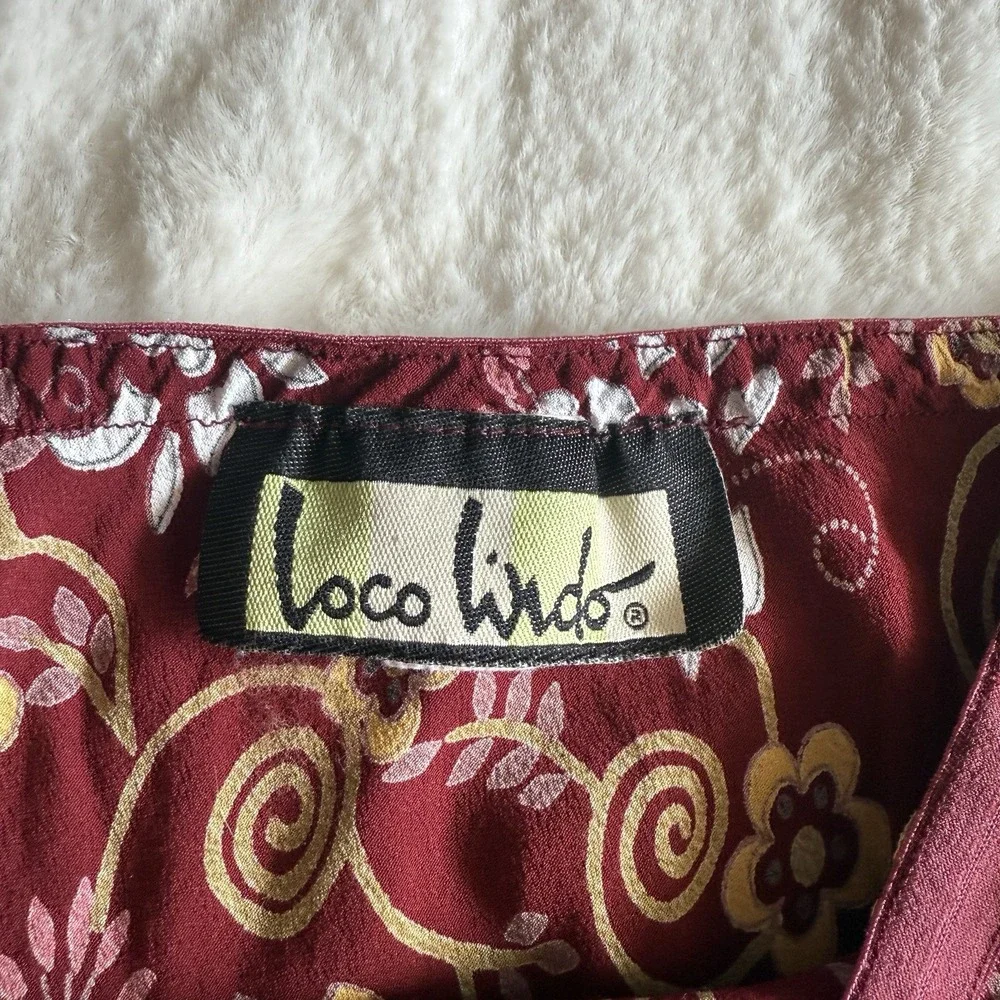 VTG Y2K Loco Lindo  Floral Midi Skirt Maroon Crepe A-Line Low Rise Flowy - Picture 3 of 7